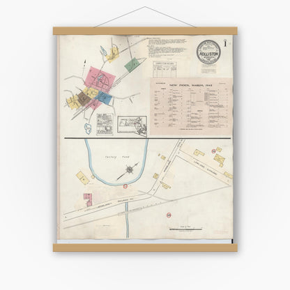 Old map wall art mockup — magnetic wood frame on white wall — Sanborn Fire Insurance Map from Holliston, Middlesex County, Massachusetts (1942), Sheet #0001