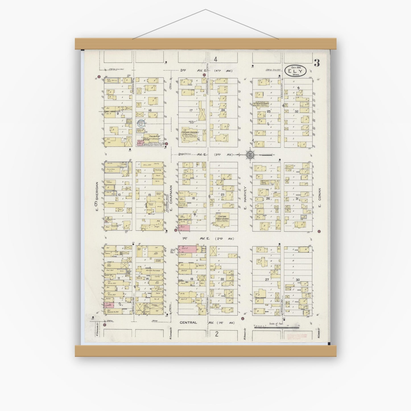 Old map wall art mockup — magnetic wood frame on white wall — Sanborn Fire Insurance Map from Ely, Saint Louis County, Minnesota (1914), Sheet #0003