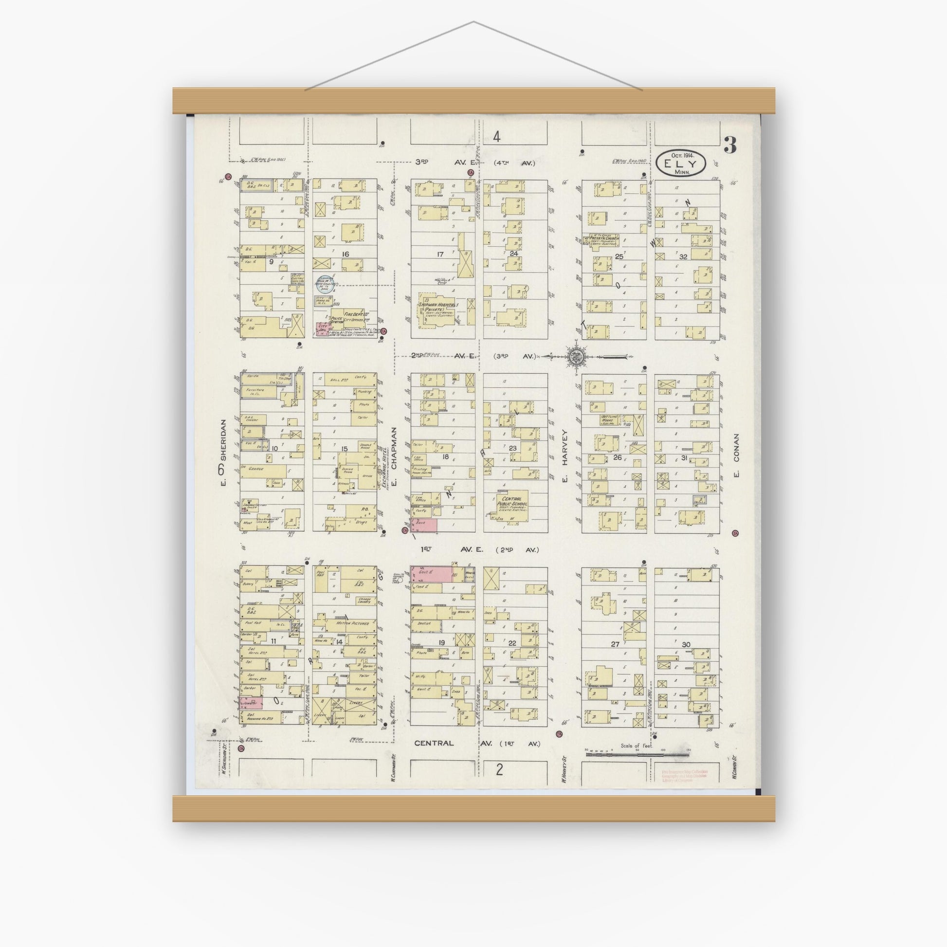Old map wall art mockup — magnetic wood frame on white wall — Sanborn Fire Insurance Map from Ely, Saint Louis County, Minnesota (1914), Sheet #0003