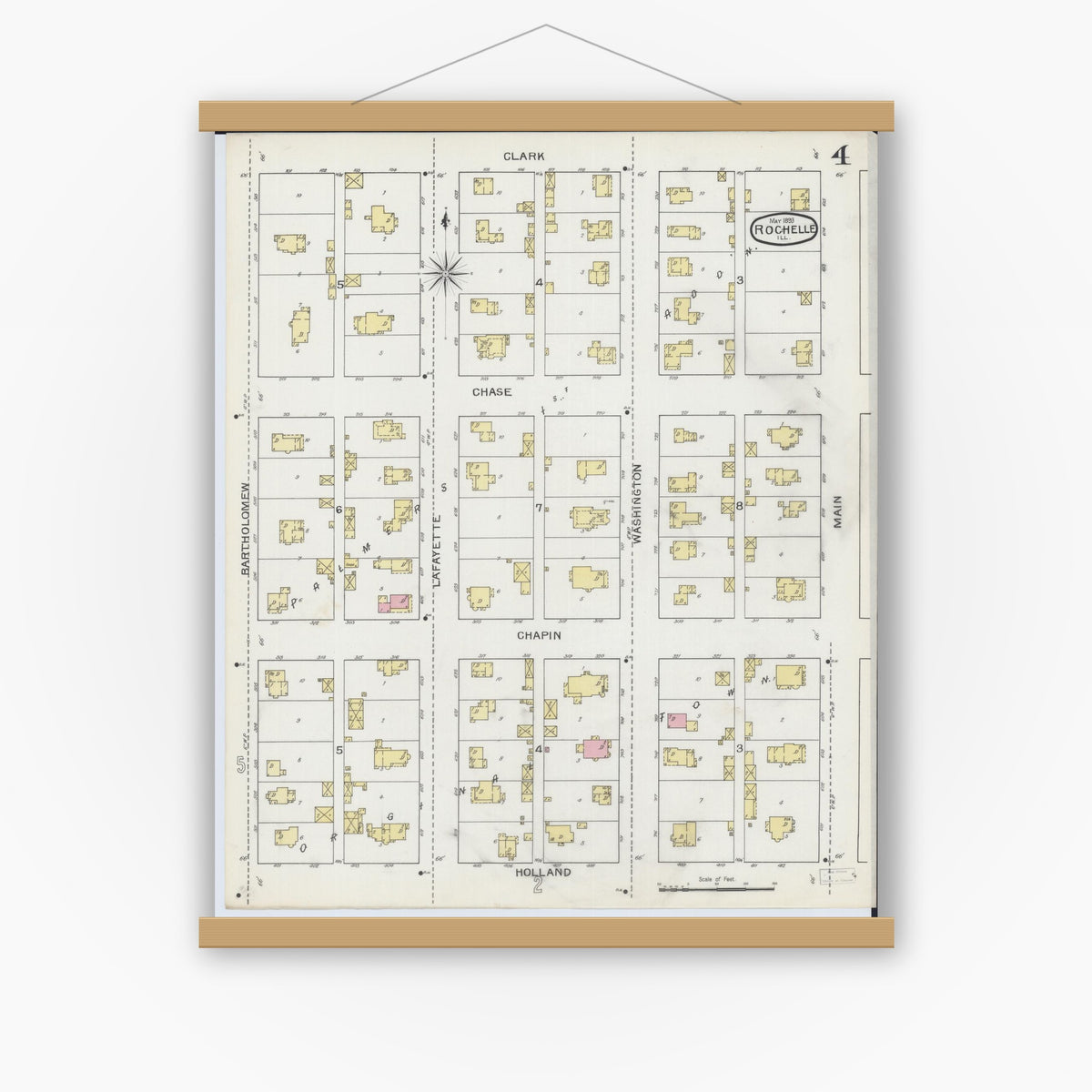 Old map wall art mockup — magnetic wood frame on white wall — Sanborn Fire Insurance Map from Rochelle, Ogle County, Illinois (1893), Sheet #0004