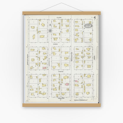 Old map wall art mockup — magnetic wood frame on white wall — Sanborn Fire Insurance Map from Rochelle, Ogle County, Illinois (1893), Sheet #0004