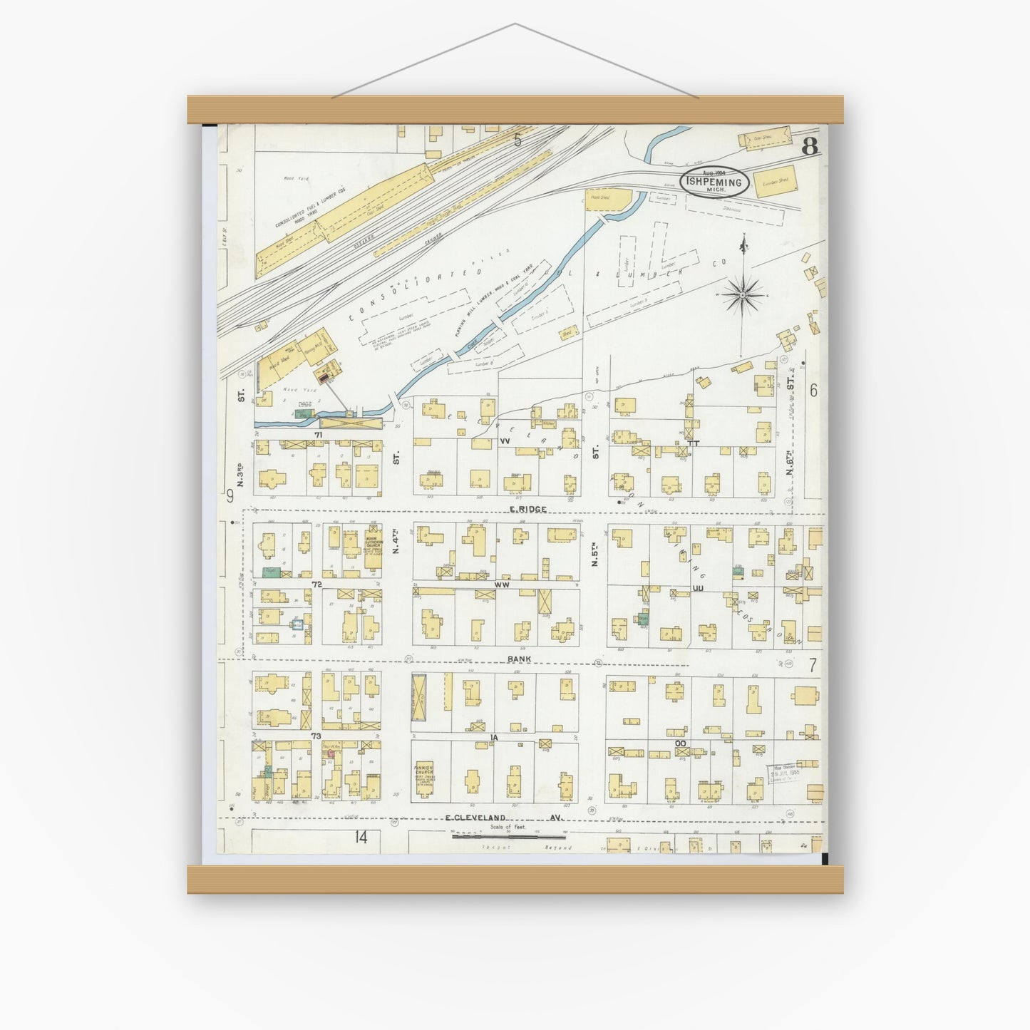 Old map wall art mockup — magnetic wood frame on white wall — Sanborn Fire Insurance Map from Ishpeming, Marquette County, Michigan (1904), Sheet #0008