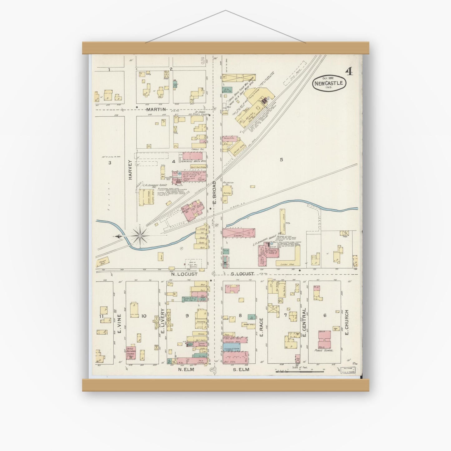 Old map wall art mockup — magnetic wood frame on white wall — Sanborn Fire Insurance Map from New Castle, Henry County, Indiana (1892), Sheet #0004