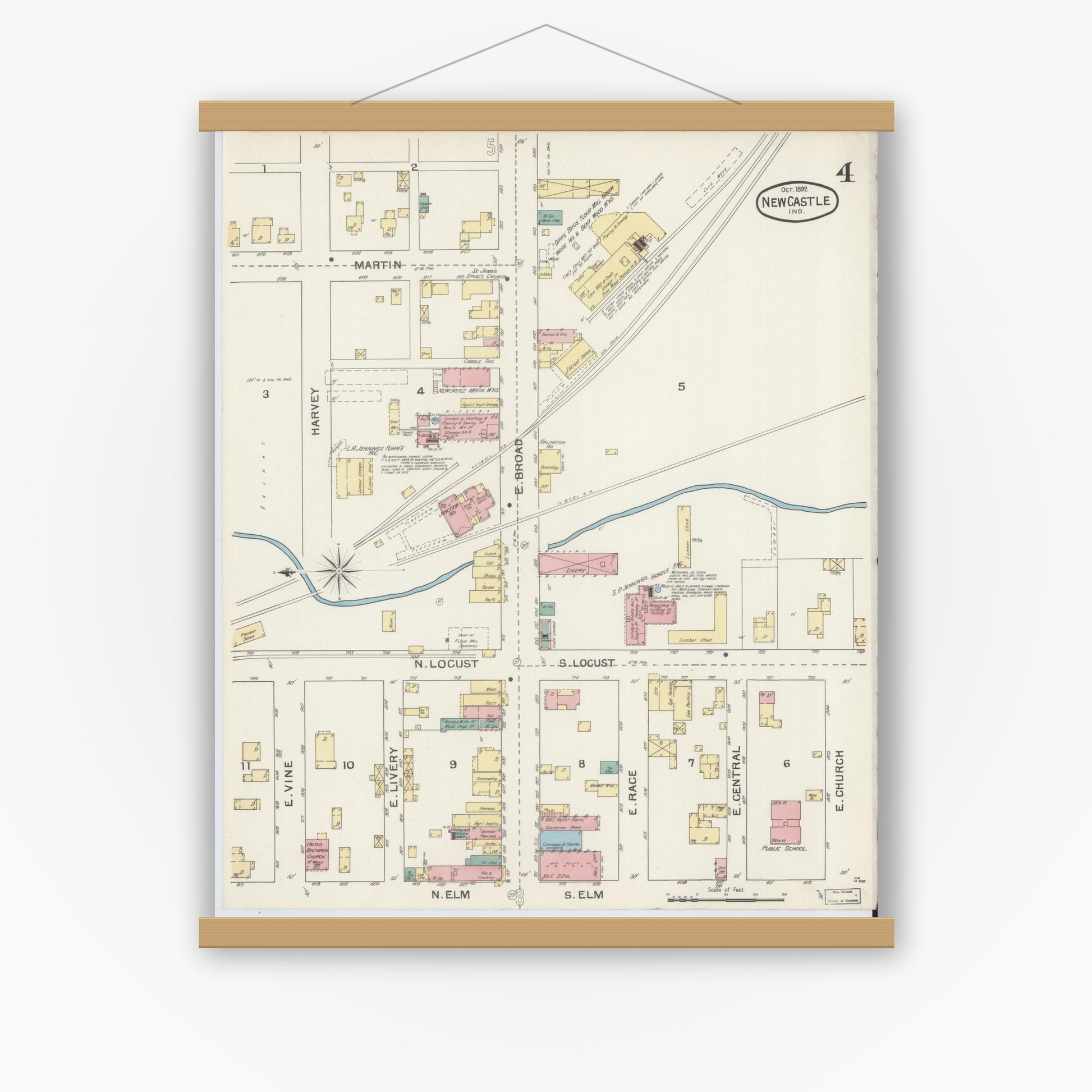 Old map wall art mockup — magnetic wood frame on white wall — Sanborn Fire Insurance Map from New Castle, Henry County, Indiana (1892), Sheet #0004