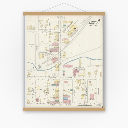 Old map wall art mockup — magnetic wood frame on white wall — Sanborn Fire Insurance Map from New Castle, Henry County, Indiana (1892), Sheet #0004