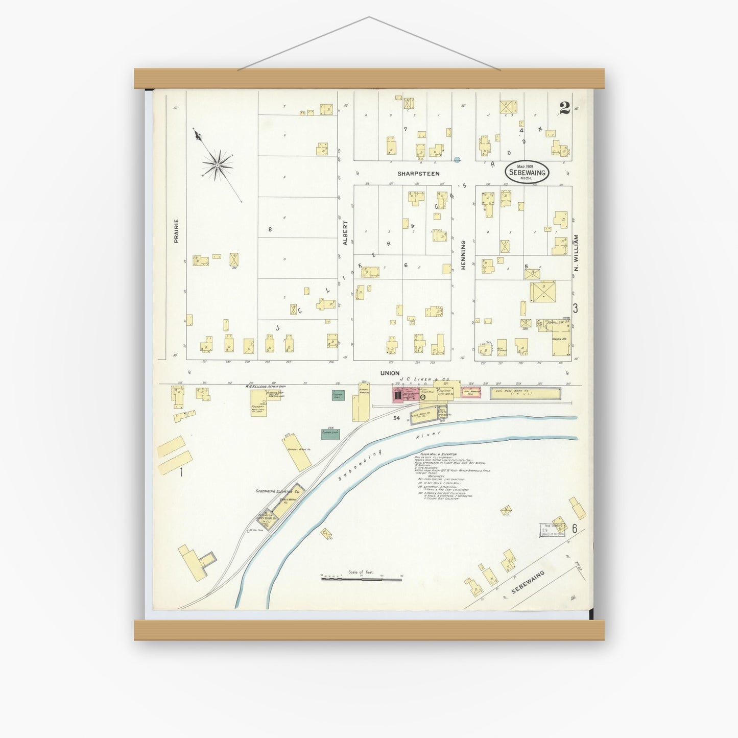 Old map wall art mockup — magnetic wood frame on white wall — Sanborn Fire Insurance Map from Sebewaing, Huron County, Michigan (1909), Sheet #0002