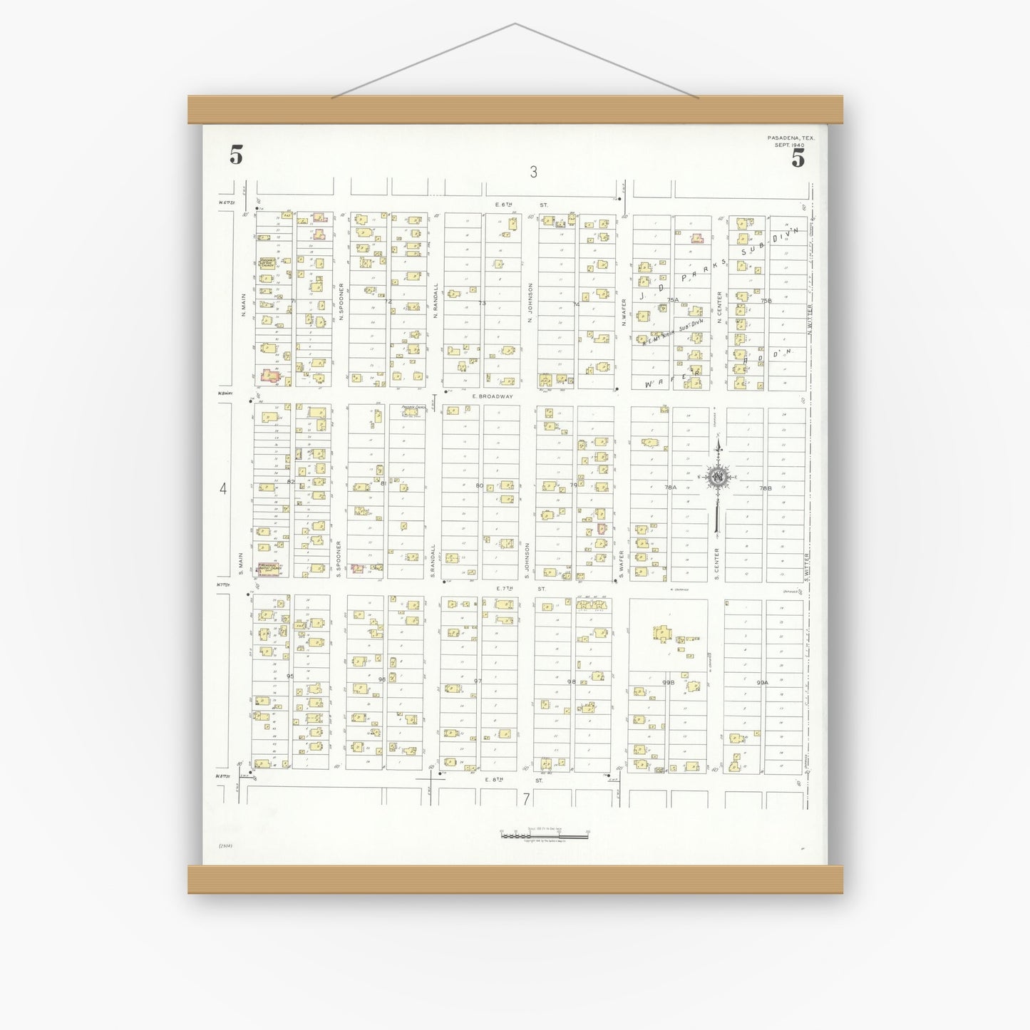 Old map wall art mockup — magnetic wood frame on white wall — Sanborn Fire Insurance Map from Pasadena, Harris County, Texas (1940), Sheet #0005