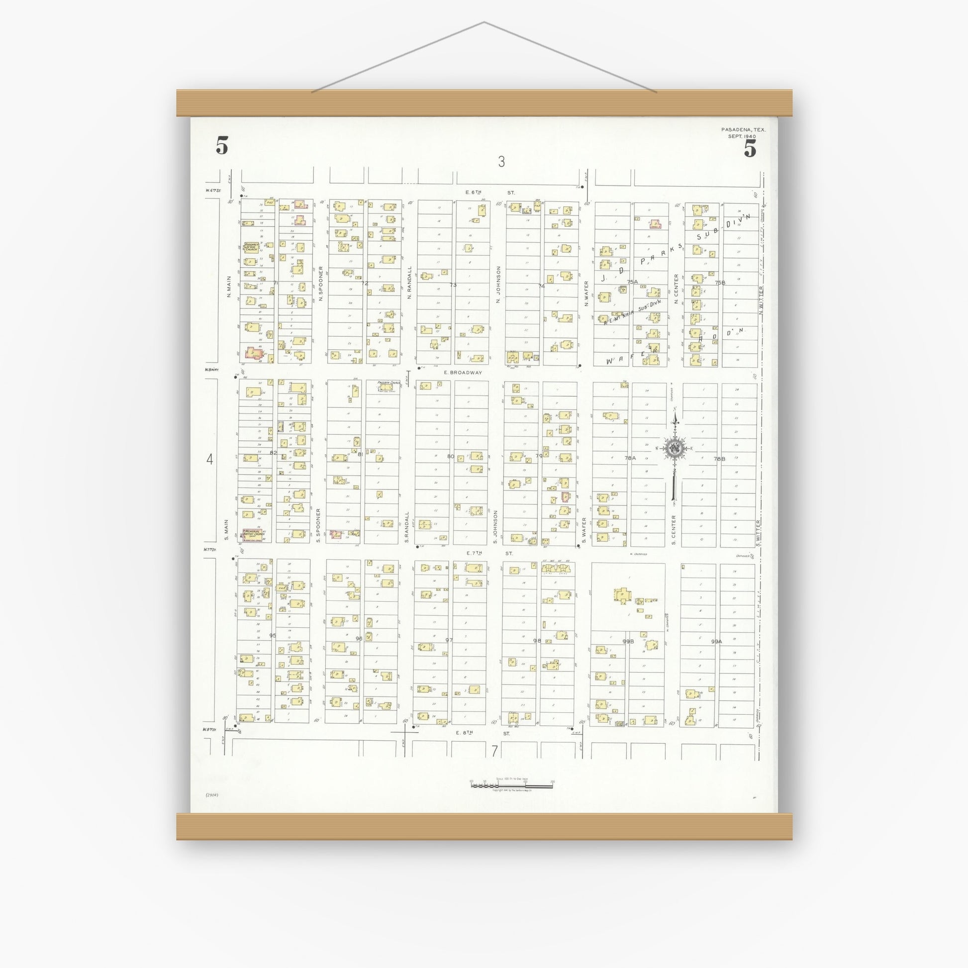 Old map wall art mockup — magnetic wood frame on white wall — Sanborn Fire Insurance Map from Pasadena, Harris County, Texas (1940), Sheet #0005