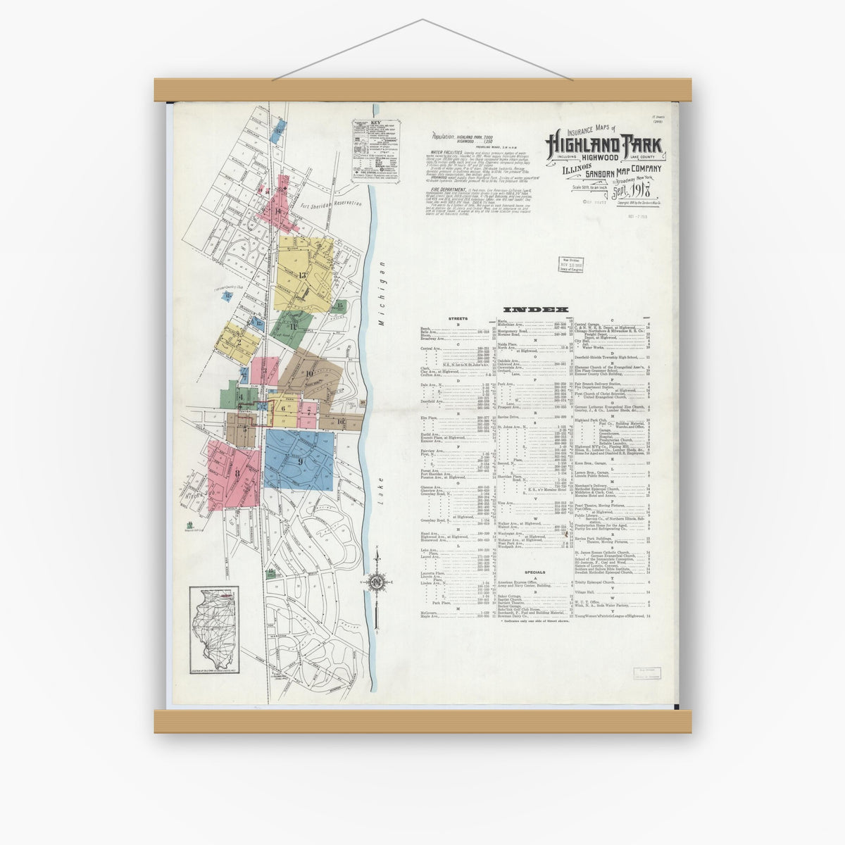 Old map wall art mockup — magnetic wood frame on white wall — Sanborn Fire Insurance Map from Highland Park, Lake County, Illinois (1918), Sheet #0001