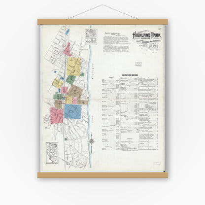 Old map wall art mockup — magnetic wood frame on white wall — Sanborn Fire Insurance Map from Highland Park, Lake County, Illinois (1918), Sheet #0001