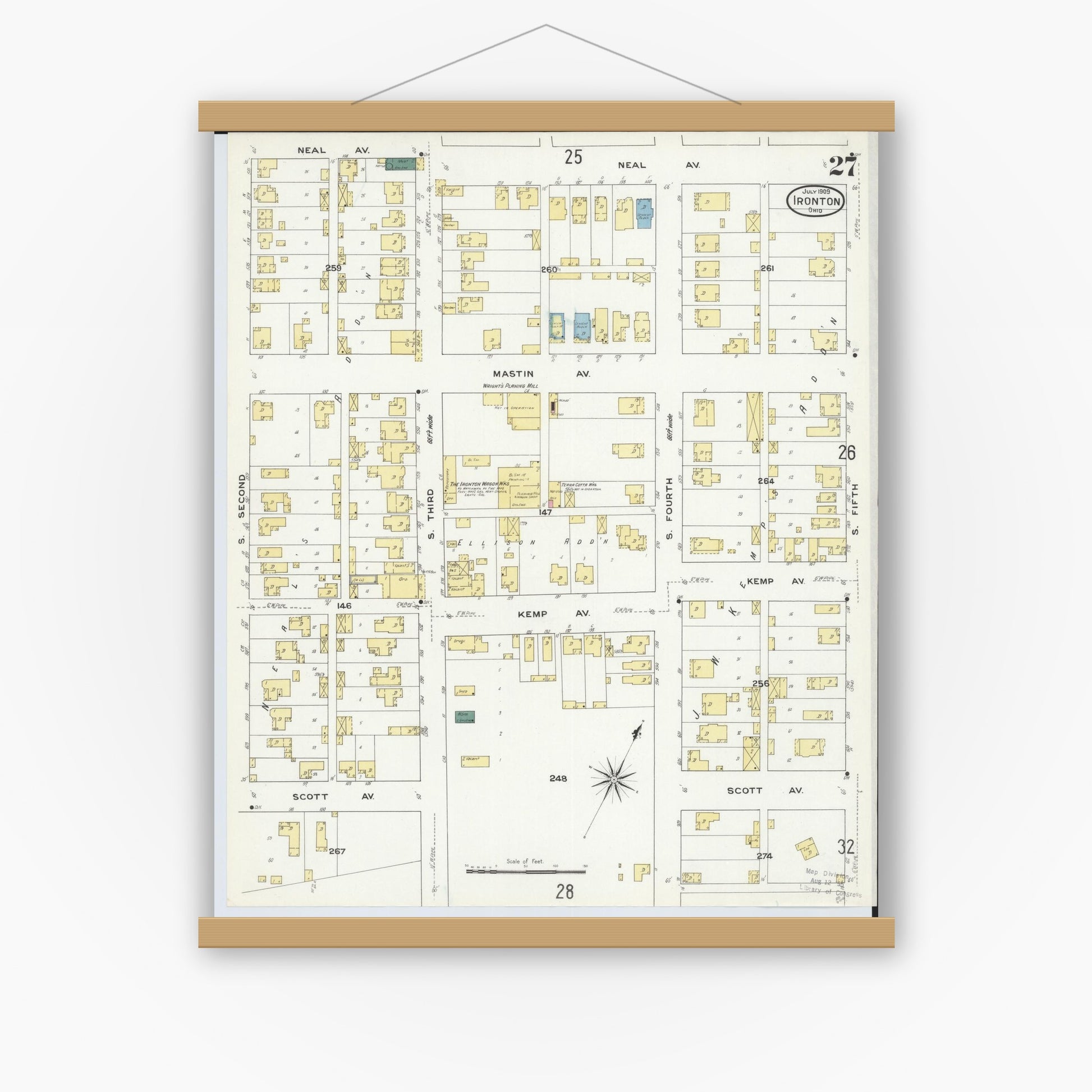 Old map wall art mockup — magnetic wood frame on white wall — Sanborn Fire Insurance Map from Ironton, Lawrence County, Ohio (1909), Sheet #0027