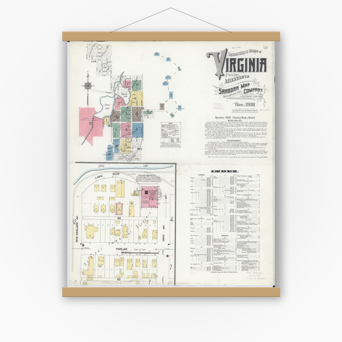 Old map wall art mockup — magnetic wood frame on white wall — Sanborn Fire Insurance Map from Virginia, Saint Louis County, Minnesota (1910), Sheet #0001