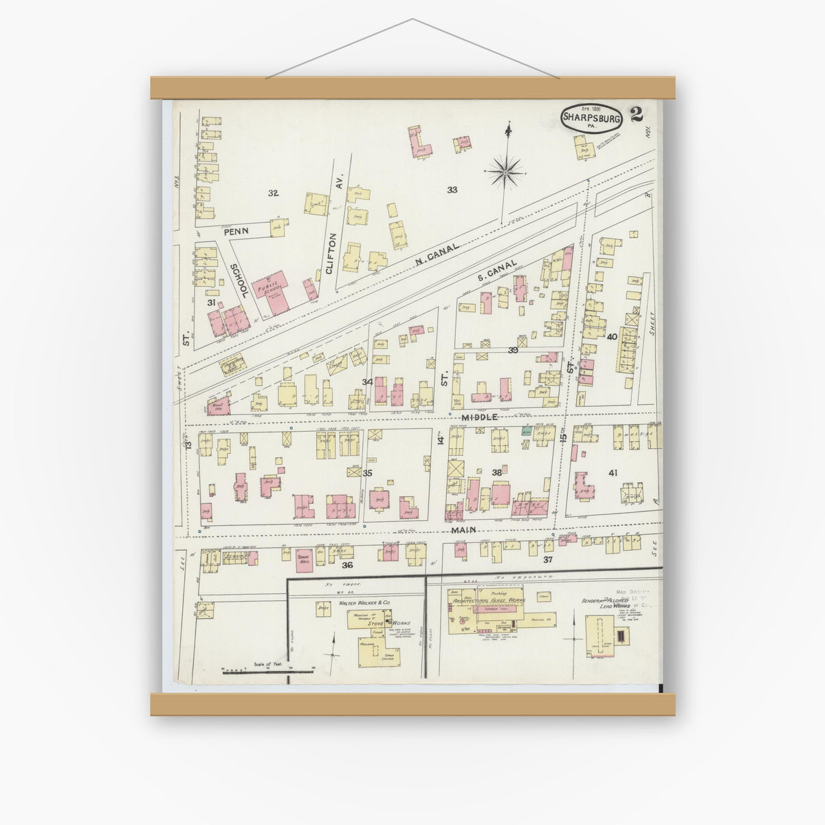 Old map wall art mockup — magnetic wood frame on white wall — Sanborn Fire Insurance Map from Sharpsburg, Allegheny County, Pennsylvania (1891), Sheet #0002