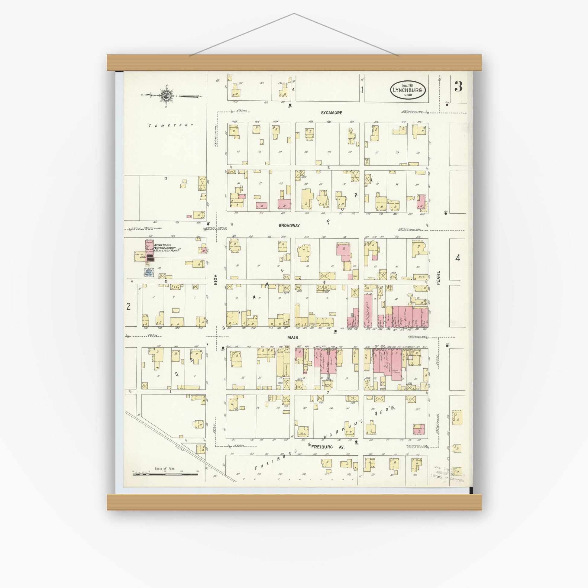Old map wall art mockup — magnetic wood frame on white wall — Sanborn Fire Insurance Map from Lynchburg, Highland County, Ohio (1911), Sheet #0003