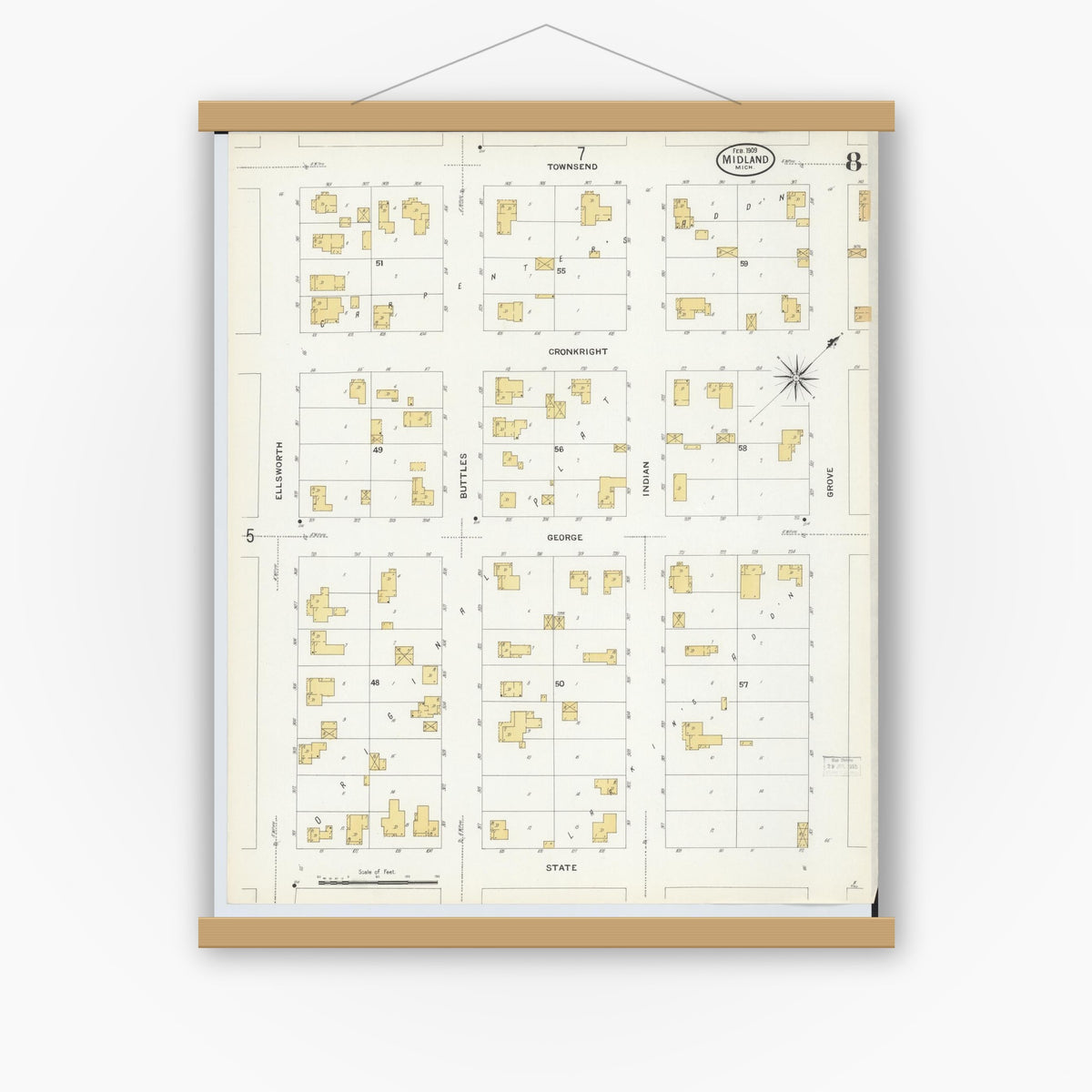 Old map wall art mockup — magnetic wood frame on white wall — Sanborn Fire Insurance Map from Midland, Midland County, Michigan (1909), Sheet #0008