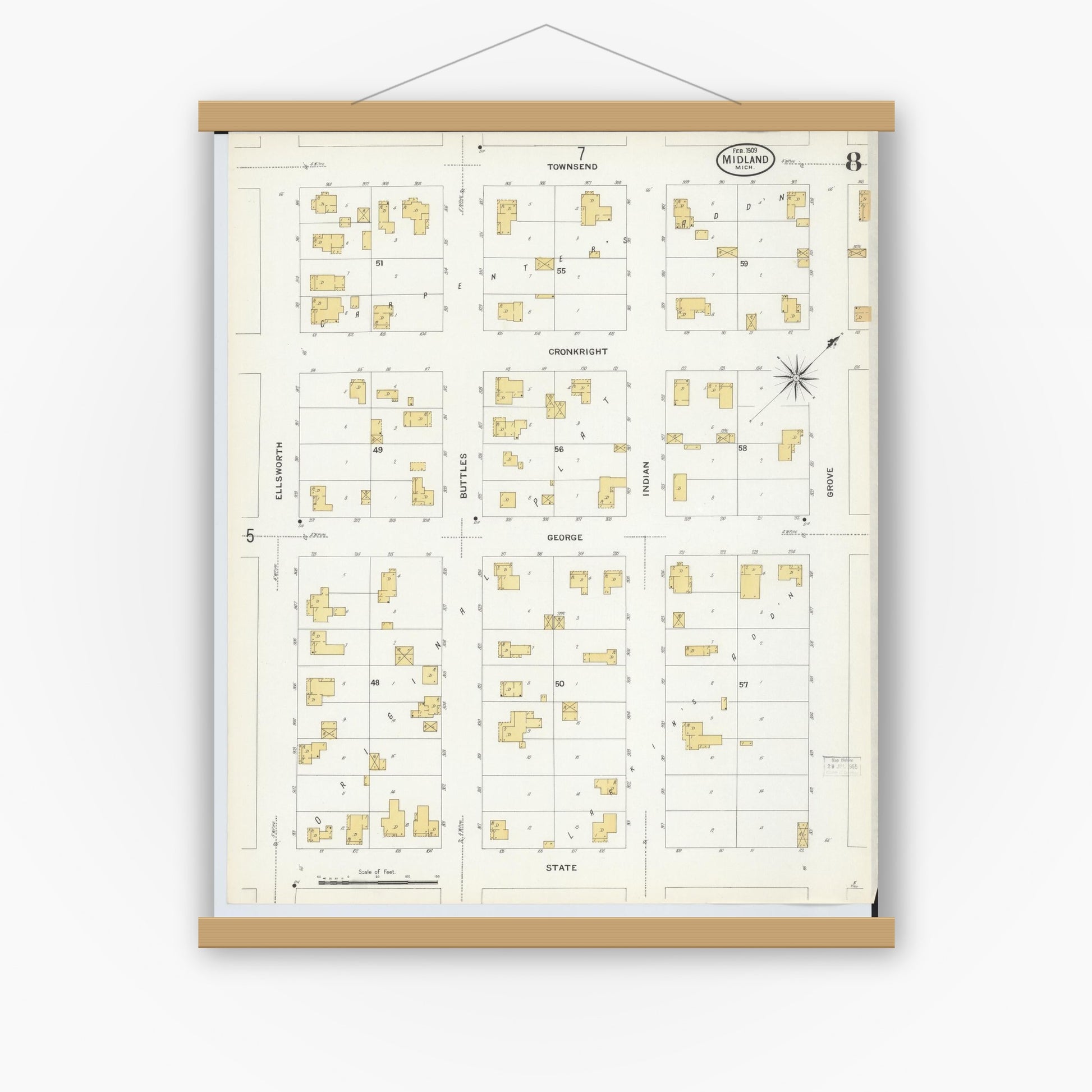 Old map wall art mockup — magnetic wood frame on white wall — Sanborn Fire Insurance Map from Midland, Midland County, Michigan (1909), Sheet #0008
