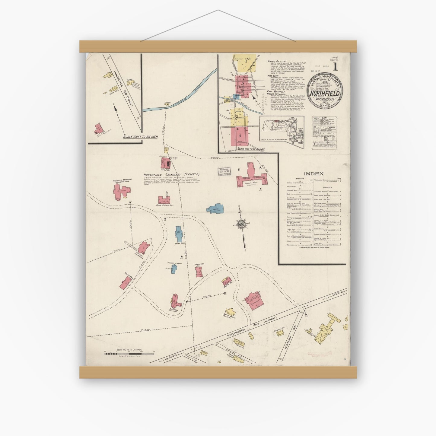 Old map wall art mockup — magnetic wood frame on white wall — Sanborn Fire Insurance Map from Northfield, Franklin County, Massachusetts (1922) - Complete Map Set