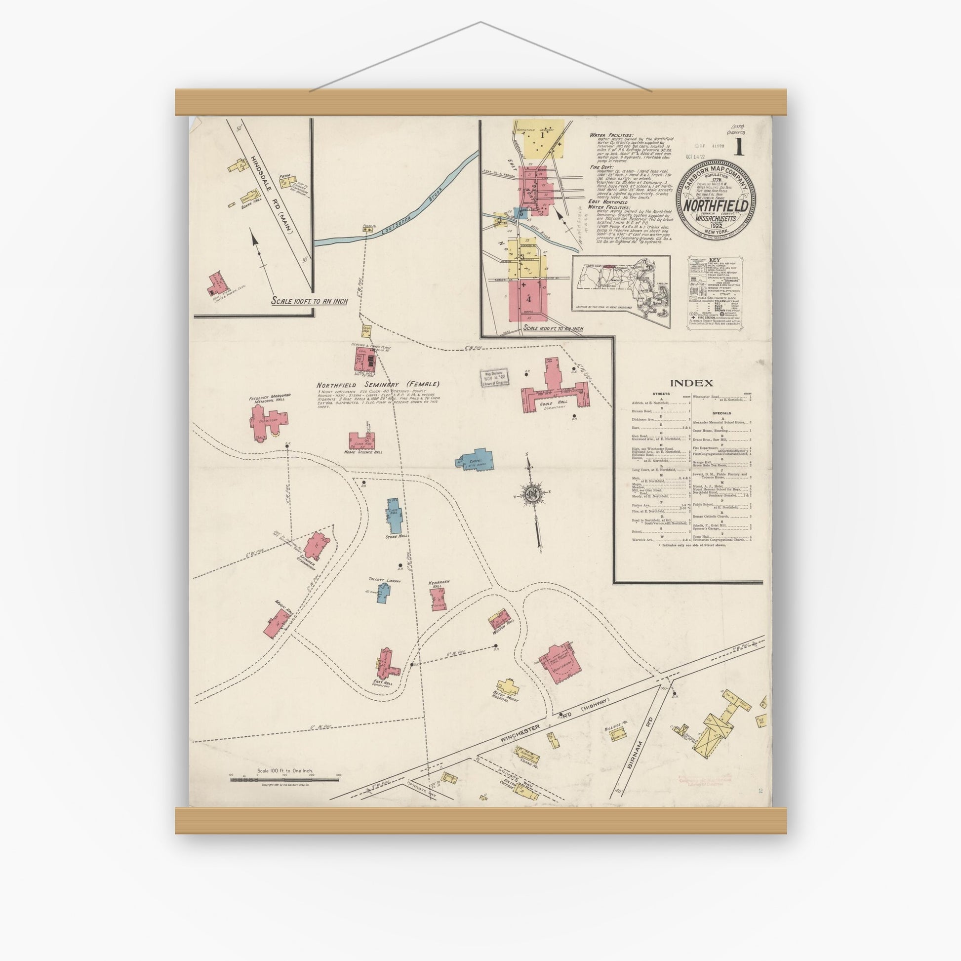 Old map wall art mockup — magnetic wood frame on white wall — Sanborn Fire Insurance Map from Northfield, Franklin County, Massachusetts (1922) - Complete Map Set
