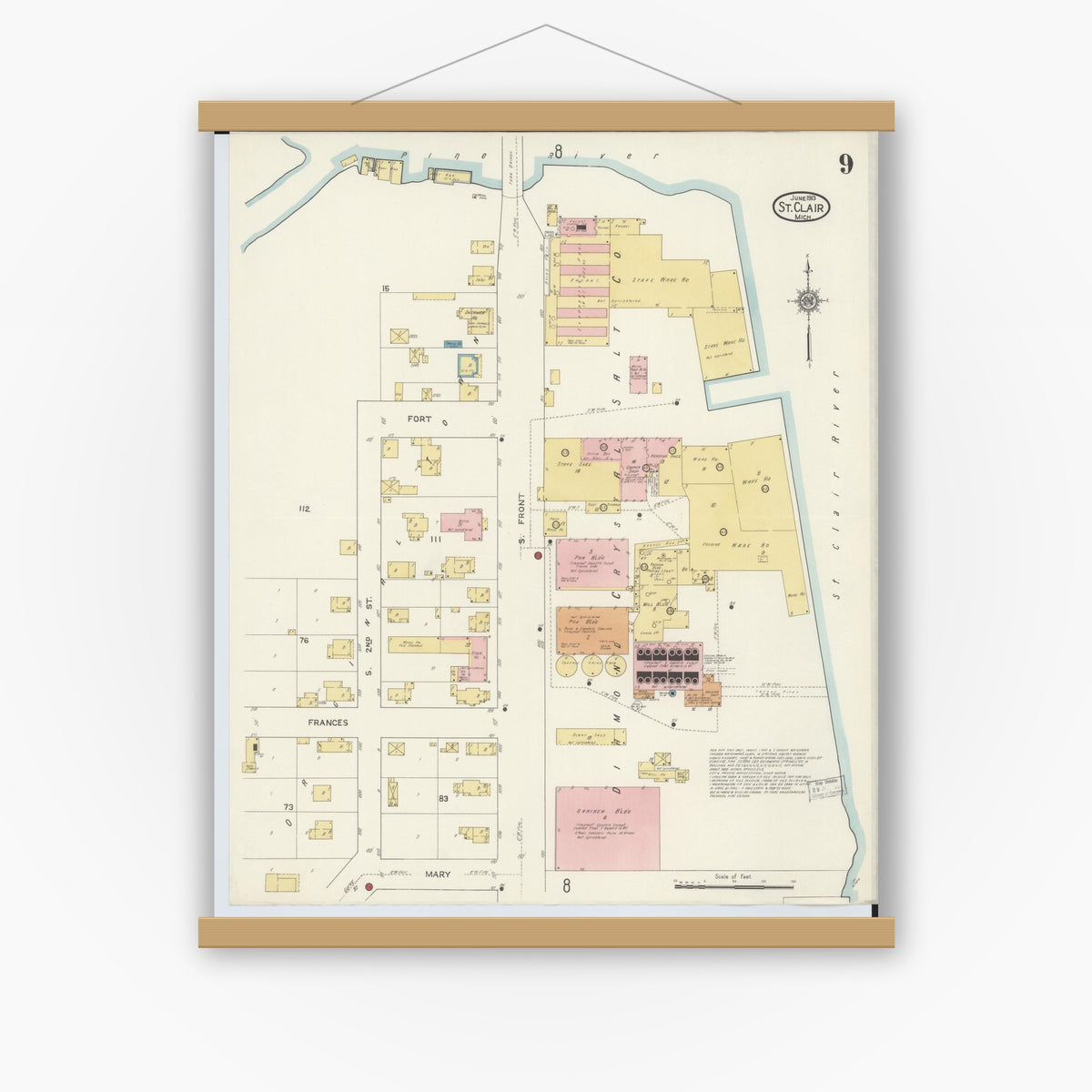 Old map wall art mockup — magnetic wood frame on white wall — Sanborn Fire Insurance Map from Saint Clair, Saint Clair County, Michigan (1913), Sheet #0009