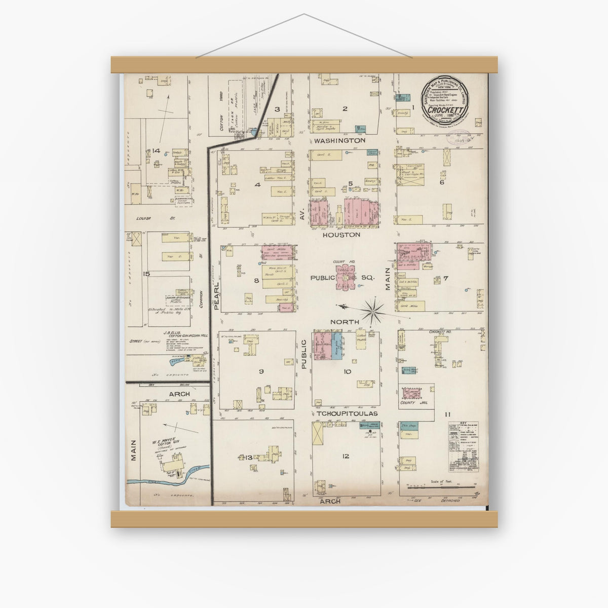 Old map wall art mockup — magnetic wood frame on white wall — Sanborn Fire Insurance Map from Crockett, Houston County, Texas (1885), Sheet #0001
