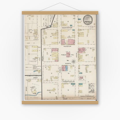 Old map wall art mockup — magnetic wood frame on white wall — Sanborn Fire Insurance Map from Crockett, Houston County, Texas (1885), Sheet #0001