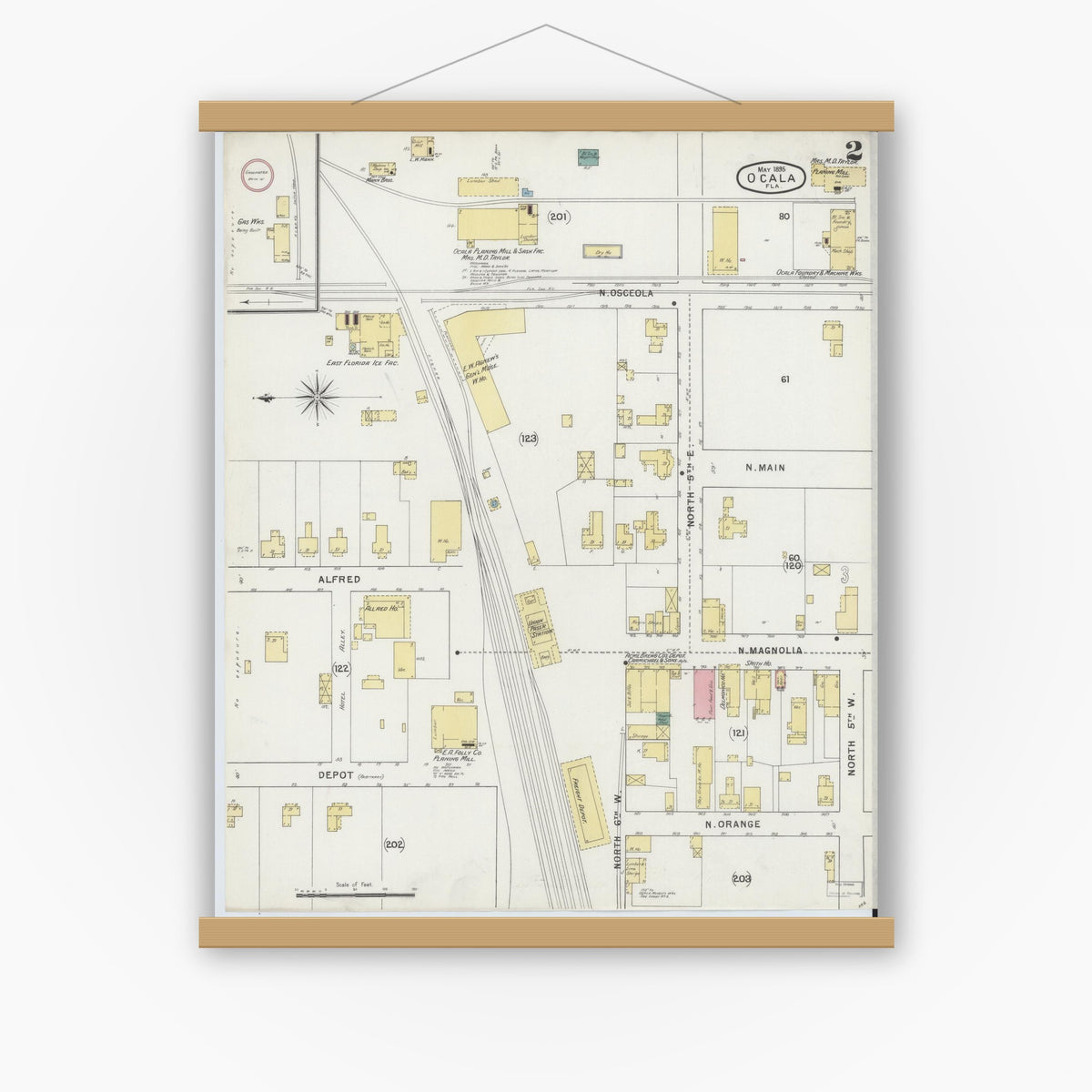 Old map wall art mockup — magnetic wood frame on white wall — Sanborn Fire Insurance Map from Ocala, Marion County, Florida (1895), Sheet #0002