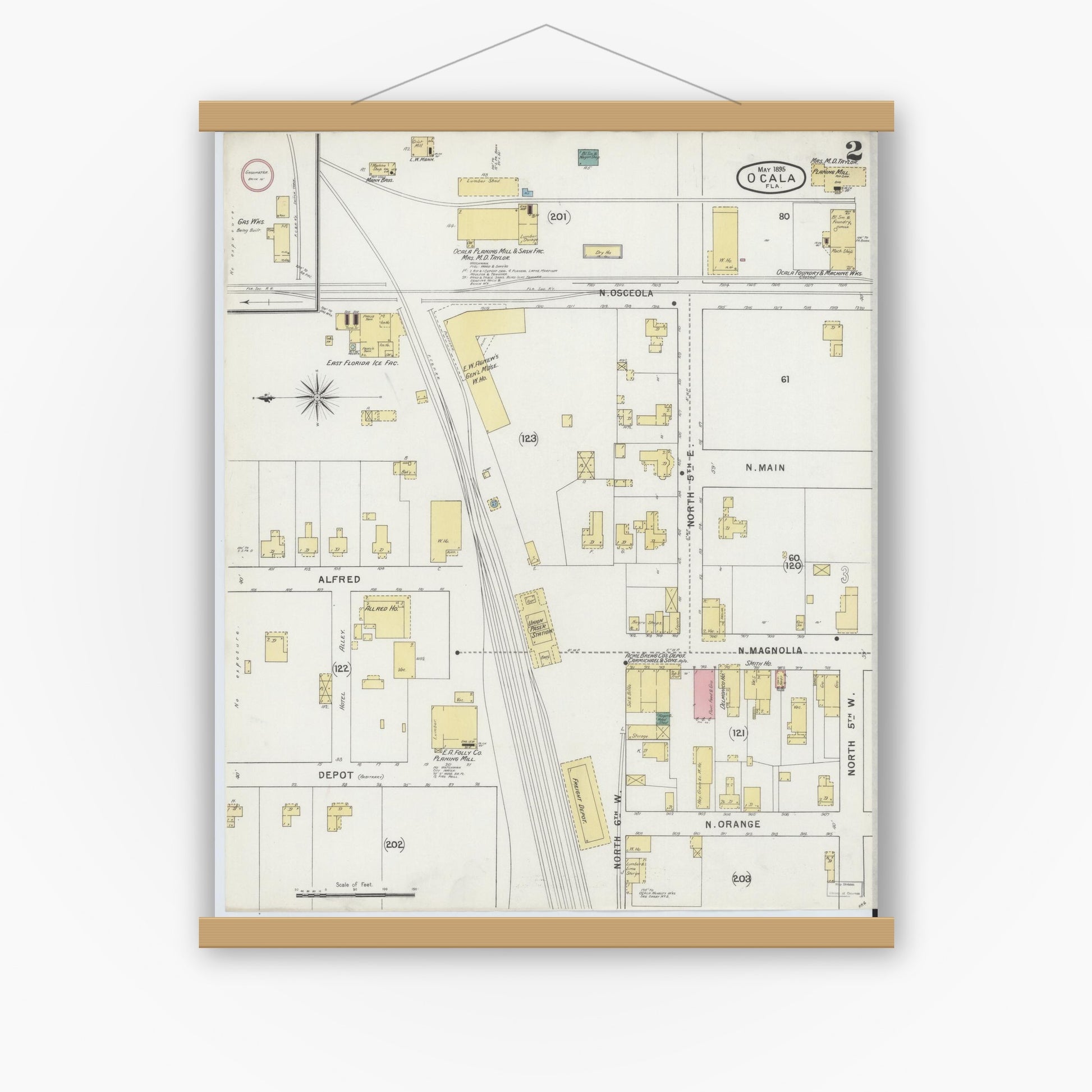 Old map wall art mockup — magnetic wood frame on white wall — Sanborn Fire Insurance Map from Ocala, Marion County, Florida (1895), Sheet #0002