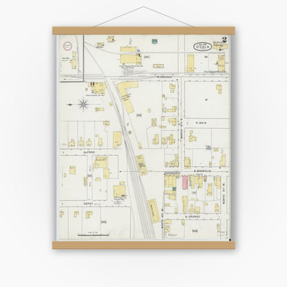 Old map wall art mockup — magnetic wood frame on white wall — Sanborn Fire Insurance Map from Ocala, Marion County, Florida (1895), Sheet #0002
