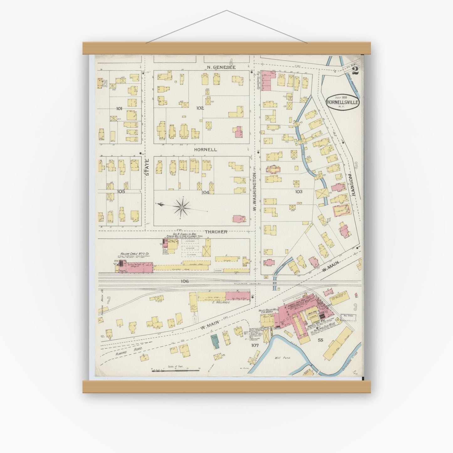 Old map wall art mockup — magnetic wood frame on white wall — Sanborn Fire Insurance Map from Hornell, Steuben County, New York (1893), Sheet #0002