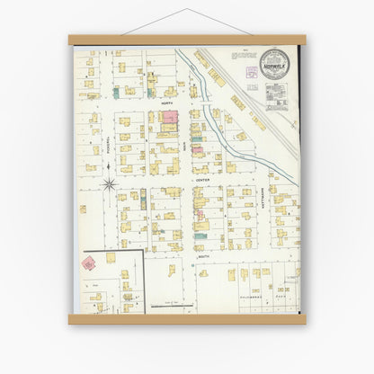Old map wall art mockup — magnetic wood frame on white wall — Sanborn Fire Insurance Map from Norwalk, Monroe County, Wisconsin (1904), Sheet #0001