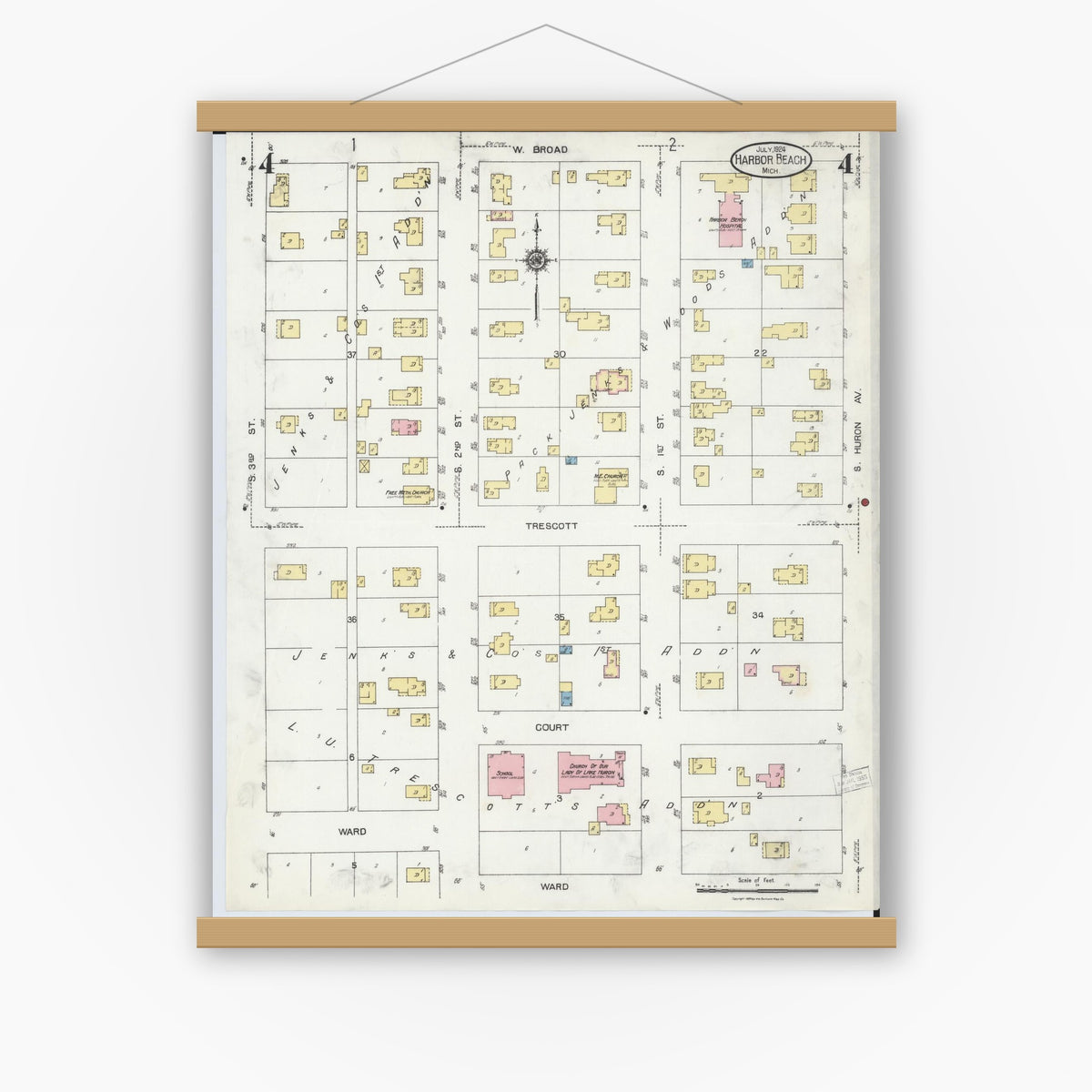 Old map wall art mockup — magnetic wood frame on white wall — Sanborn Fire Insurance Map from Harbor Beach, Huron County, Michigan (1924), Sheet #0004