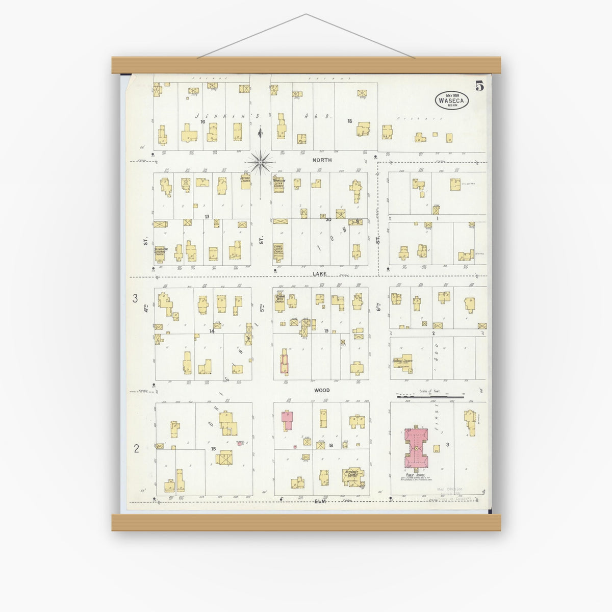 Old map wall art mockup — magnetic wood frame on white wall — Sanborn Fire Insurance Map from Waseca, Waseca County, Minnesota (1899), Sheet #0005