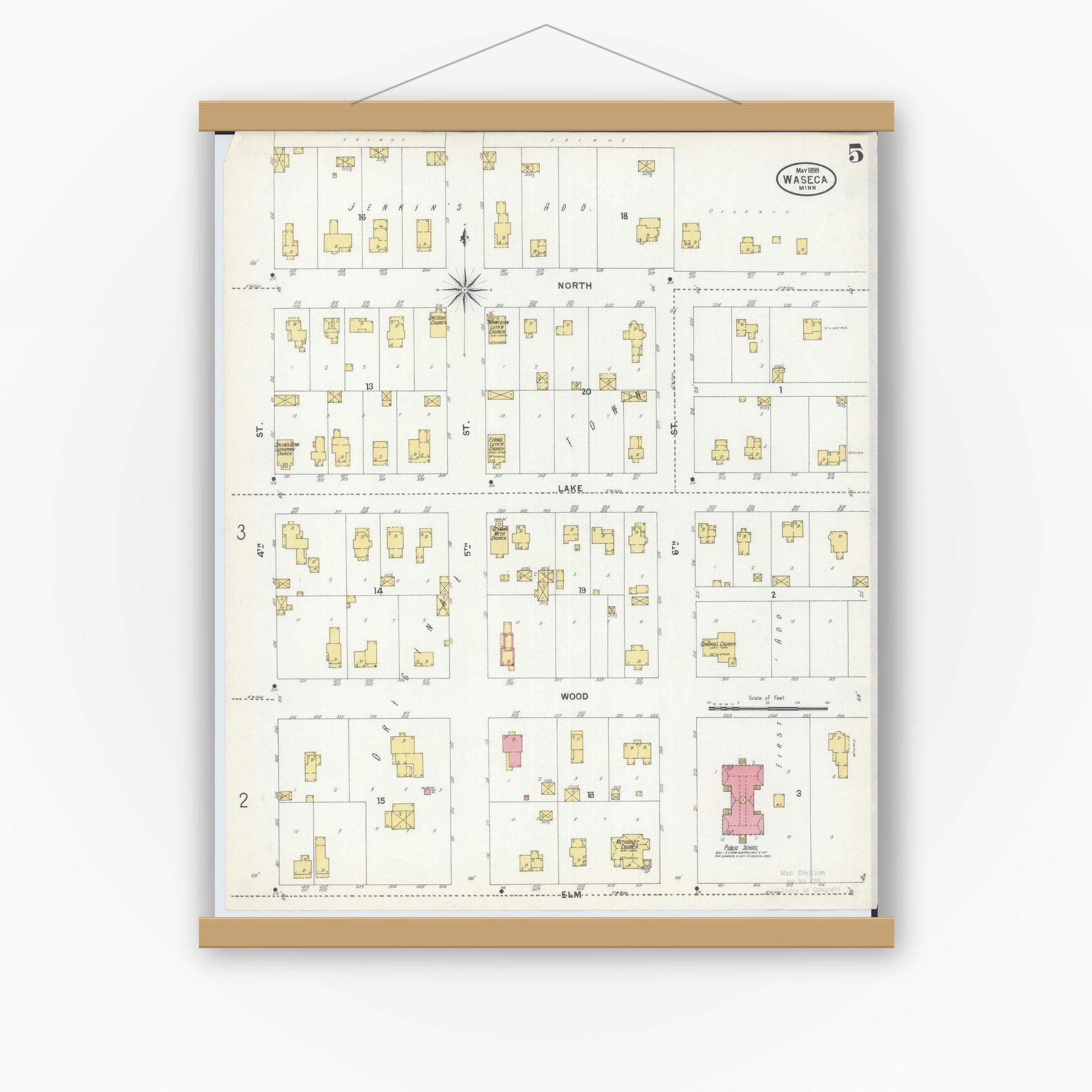 Old map wall art mockup — magnetic wood frame on white wall — Sanborn Fire Insurance Map from Waseca, Waseca County, Minnesota (1899), Sheet #0005