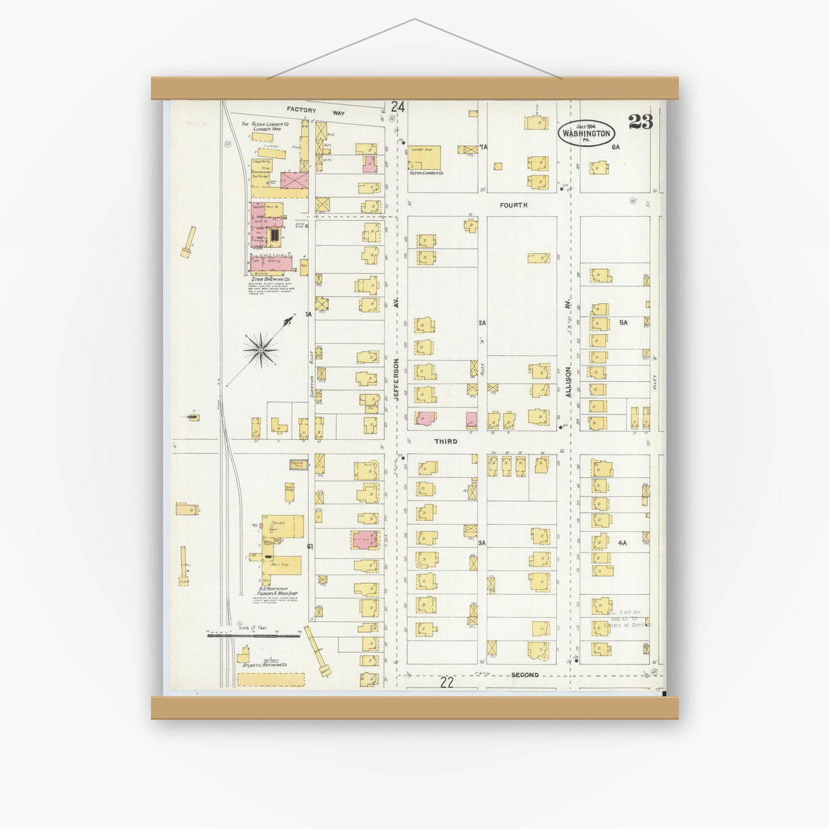 Old map wall art mockup — magnetic wood frame on white wall — Sanborn Fire Insurance Map from Washington, Washington County, Pennsylvania (1904), Sheet #0023