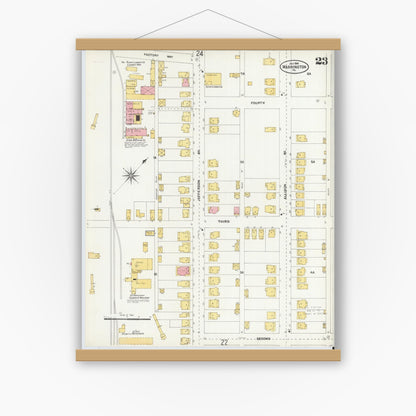 Old map wall art mockup — magnetic wood frame on white wall — Sanborn Fire Insurance Map from Washington, Washington County, Pennsylvania (1904), Sheet #0023