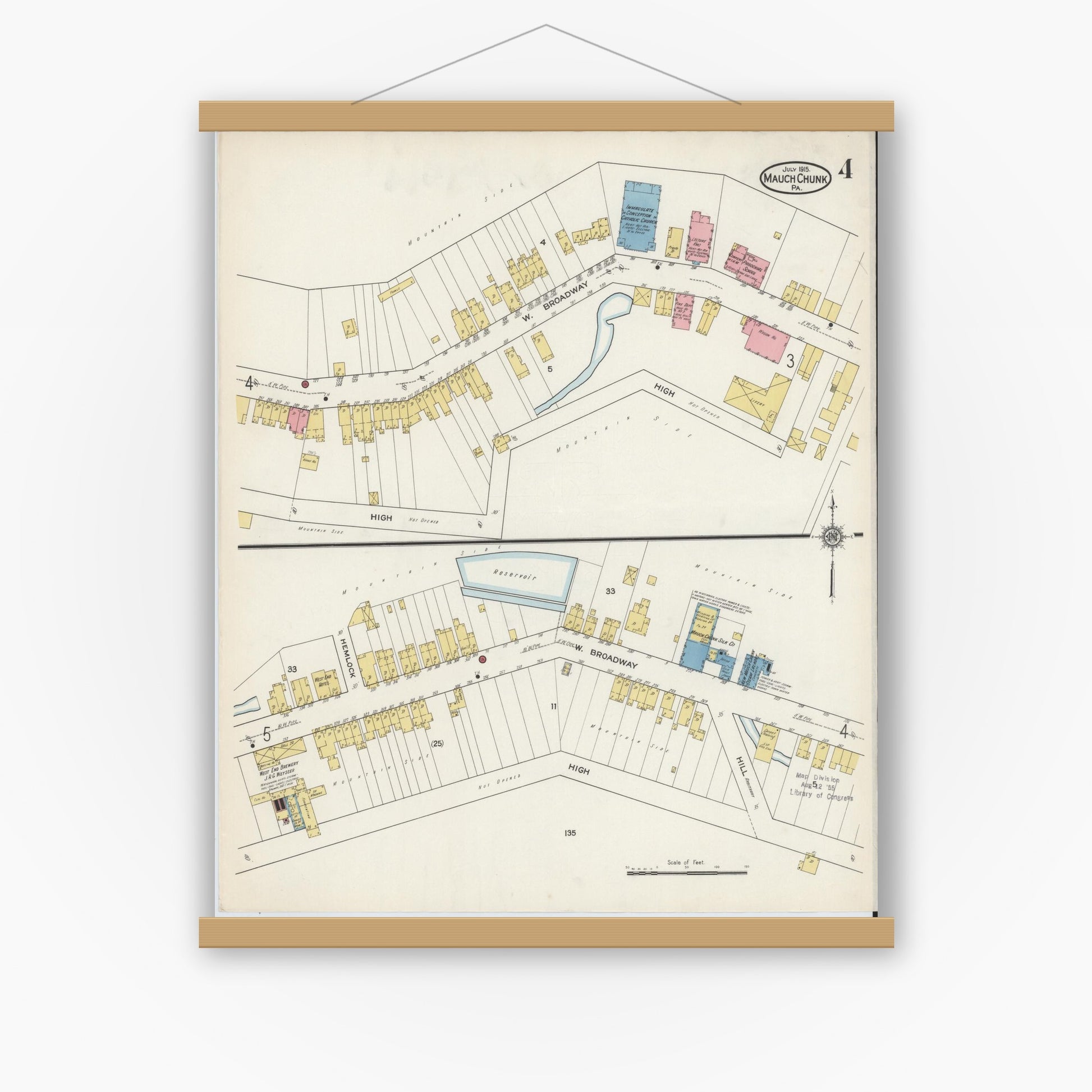 Old map wall art mockup — magnetic wood frame on white wall — Sanborn Fire Insurance Map from Mauch Chunk, Carbon County, Pennsylvania (1915), Sheet #0004