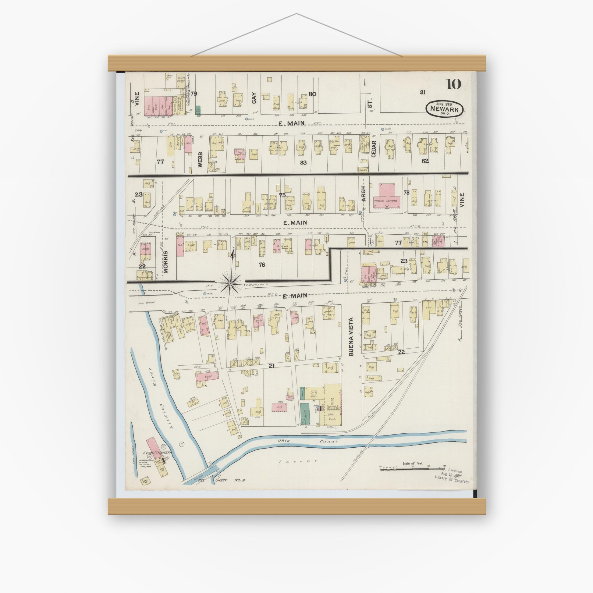Old map wall art mockup — magnetic wood frame on white wall — Sanborn Fire Insurance Map from Newark, Licking County, Ohio (1889), Sheet #0010