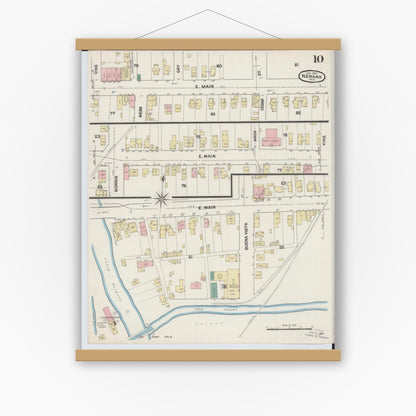 Old map wall art mockup — magnetic wood frame on white wall — Sanborn Fire Insurance Map from Newark, Licking County, Ohio (1889), Sheet #0010