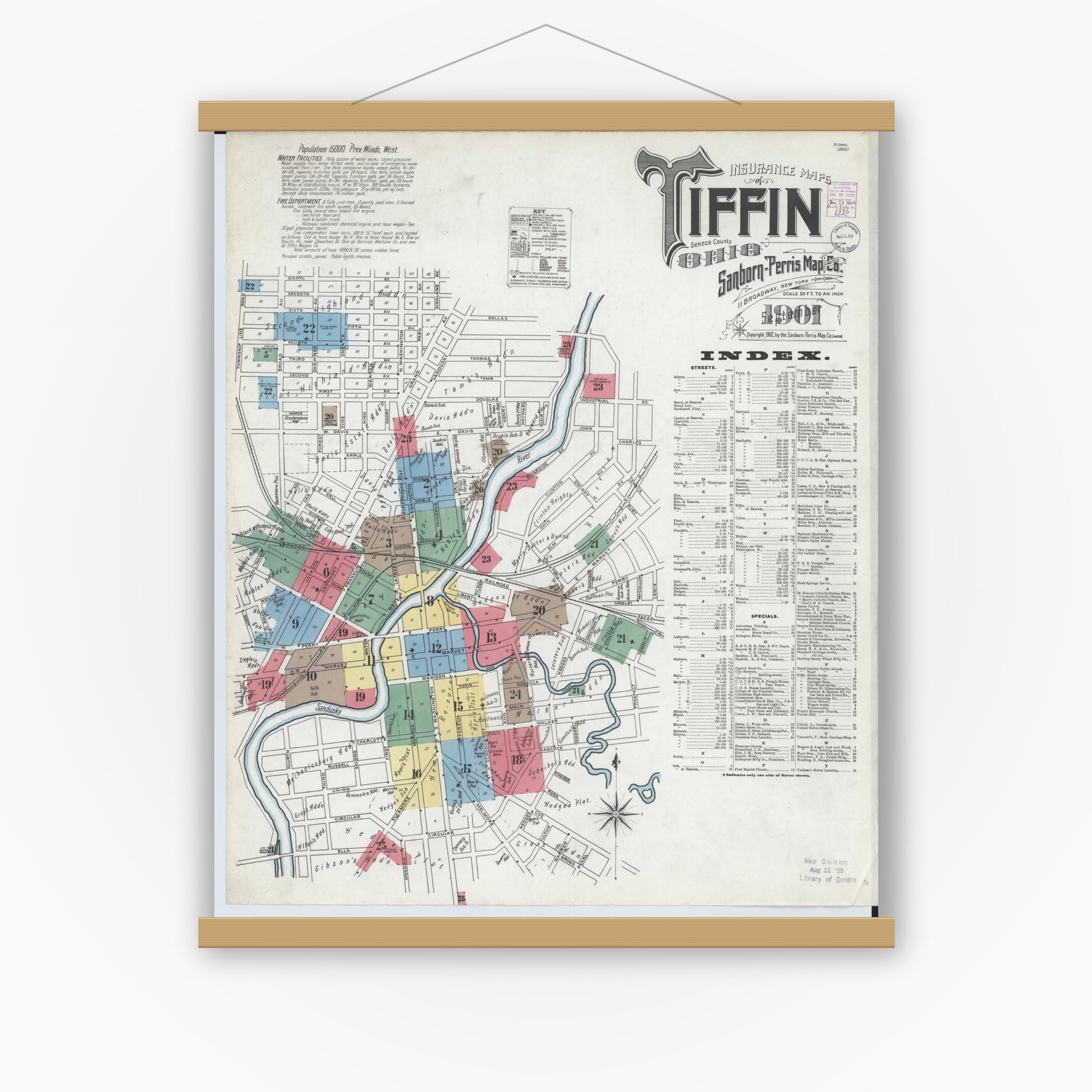 Old map wall art mockup — magnetic wood frame on white wall — Sanborn Fire Insurance Map from Tiffin, Seneca County, Ohio (1901), Sheet #0001