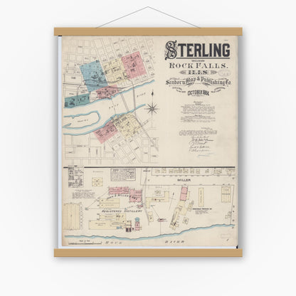 Old map wall art mockup — magnetic wood frame on white wall — Sanborn Fire Insurance Map from Sterling, Whiteside County, Illinois (1884) - Complete Map Set