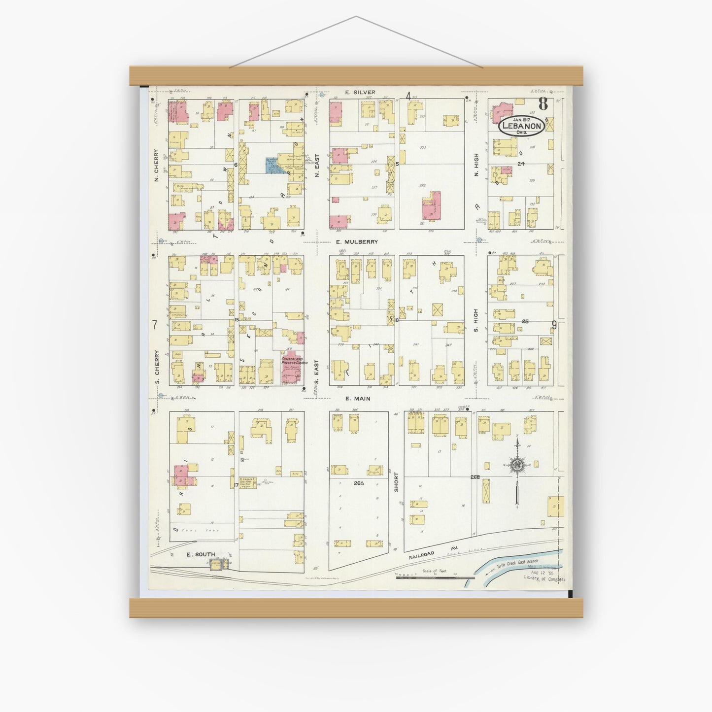 Old map wall art mockup — magnetic wood frame on white wall — Sanborn Fire Insurance Map from Lebanon, Warren County, Ohio (1917), Sheet #0008