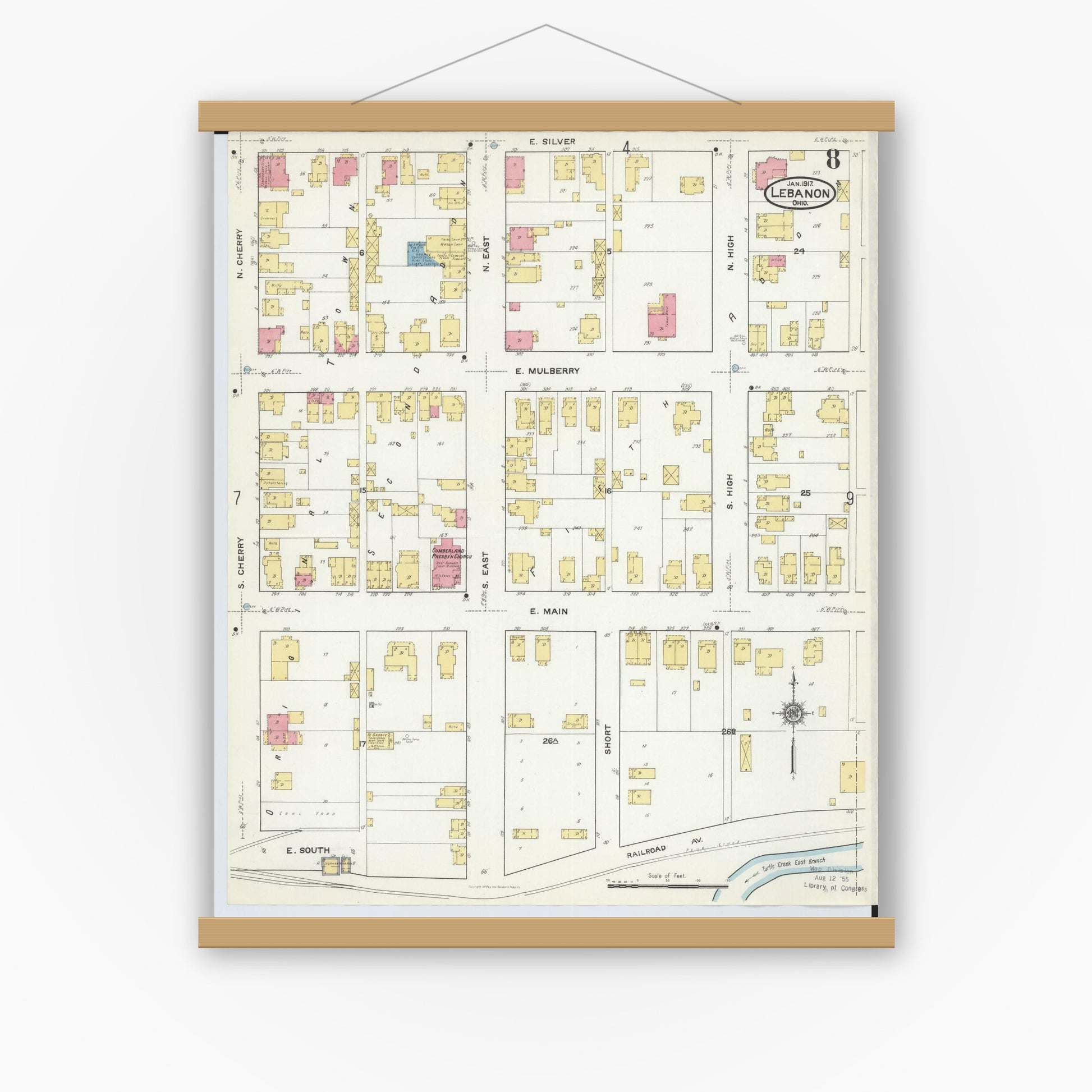 Old map wall art mockup — magnetic wood frame on white wall — Sanborn Fire Insurance Map from Lebanon, Warren County, Ohio (1917), Sheet #0008