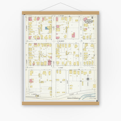 Old map wall art mockup — magnetic wood frame on white wall — Sanborn Fire Insurance Map from Lebanon, Warren County, Ohio (1917), Sheet #0008