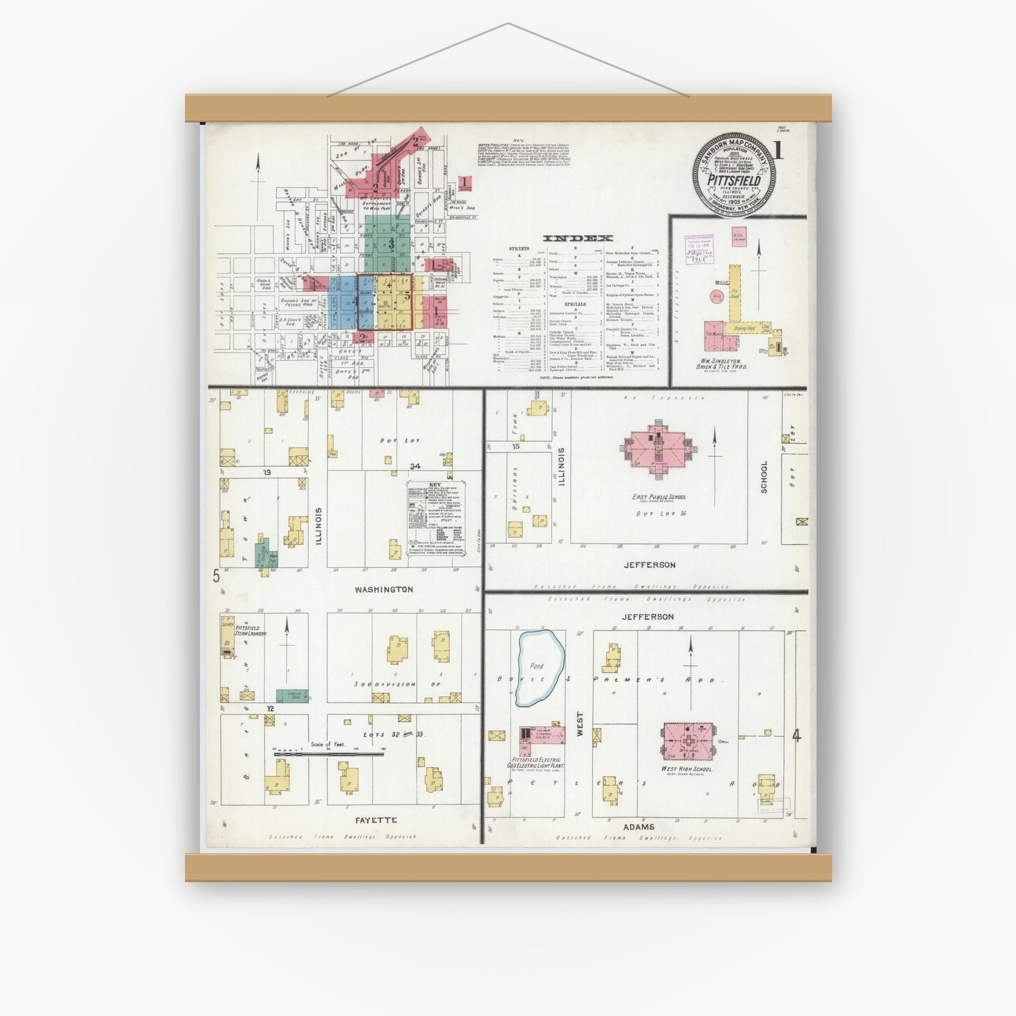 Old map wall art mockup — magnetic wood frame on white wall — Sanborn Fire Insurance Map from Pittsfield, Pike County, Illinois (1905) - Complete Map Set