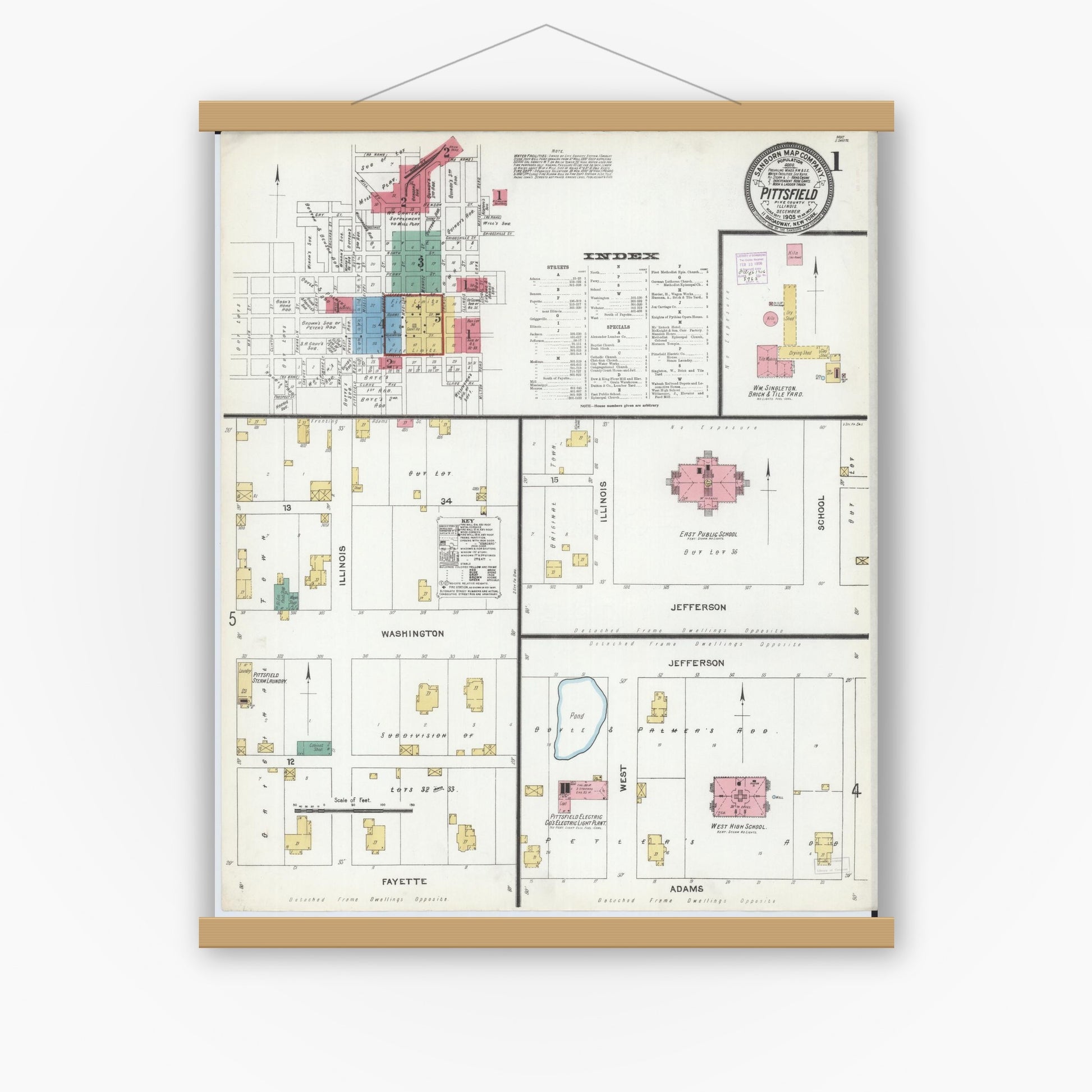 Old map wall art mockup — magnetic wood frame on white wall — Sanborn Fire Insurance Map from Pittsfield, Pike County, Illinois (1905) - Complete Map Set
