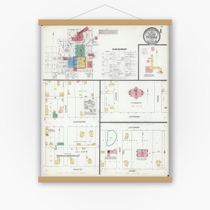 Old map wall art mockup — magnetic wood frame on white wall — Sanborn Fire Insurance Map from Pittsfield, Pike County, Illinois (1905) - Complete Map Set