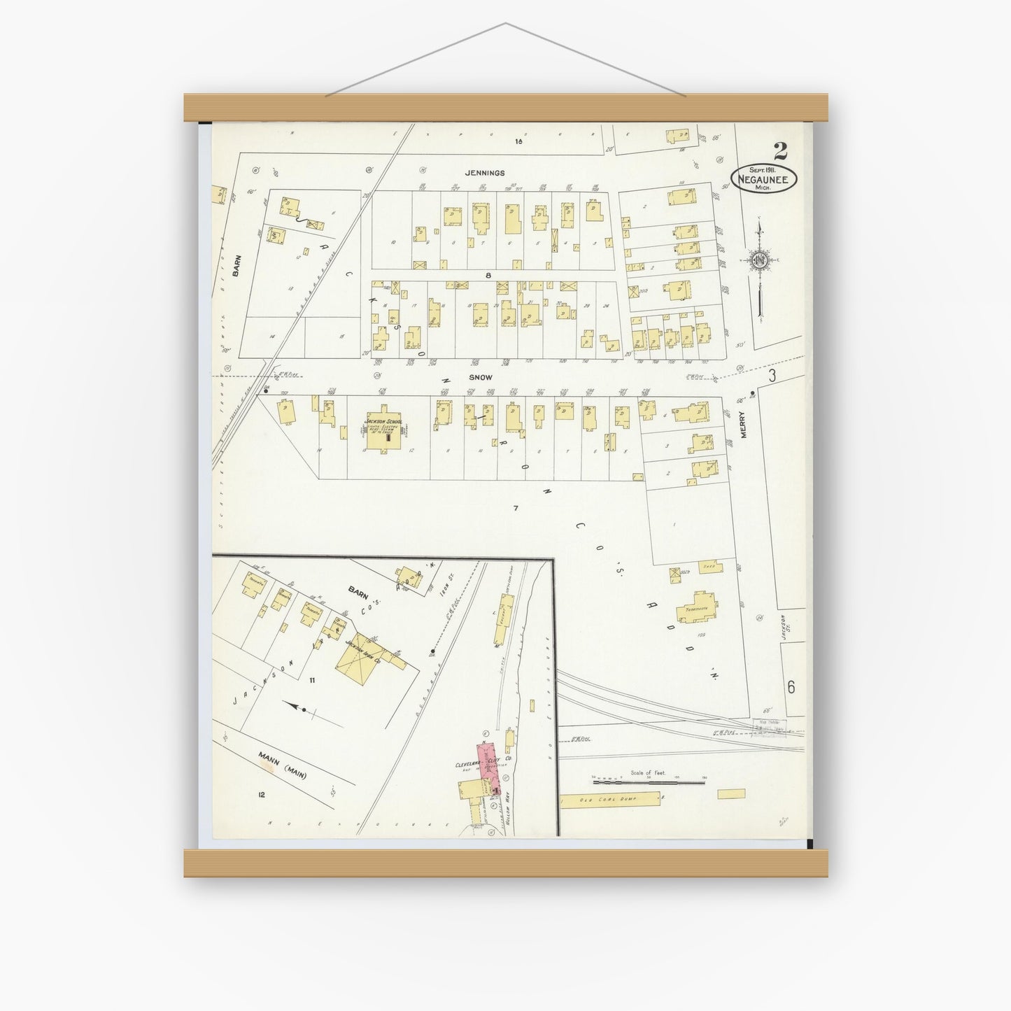 Old map wall art mockup — magnetic wood frame on white wall — Sanborn Fire Insurance Map from Negaunee, Marquette County, Michigan (1911), Sheet #0002