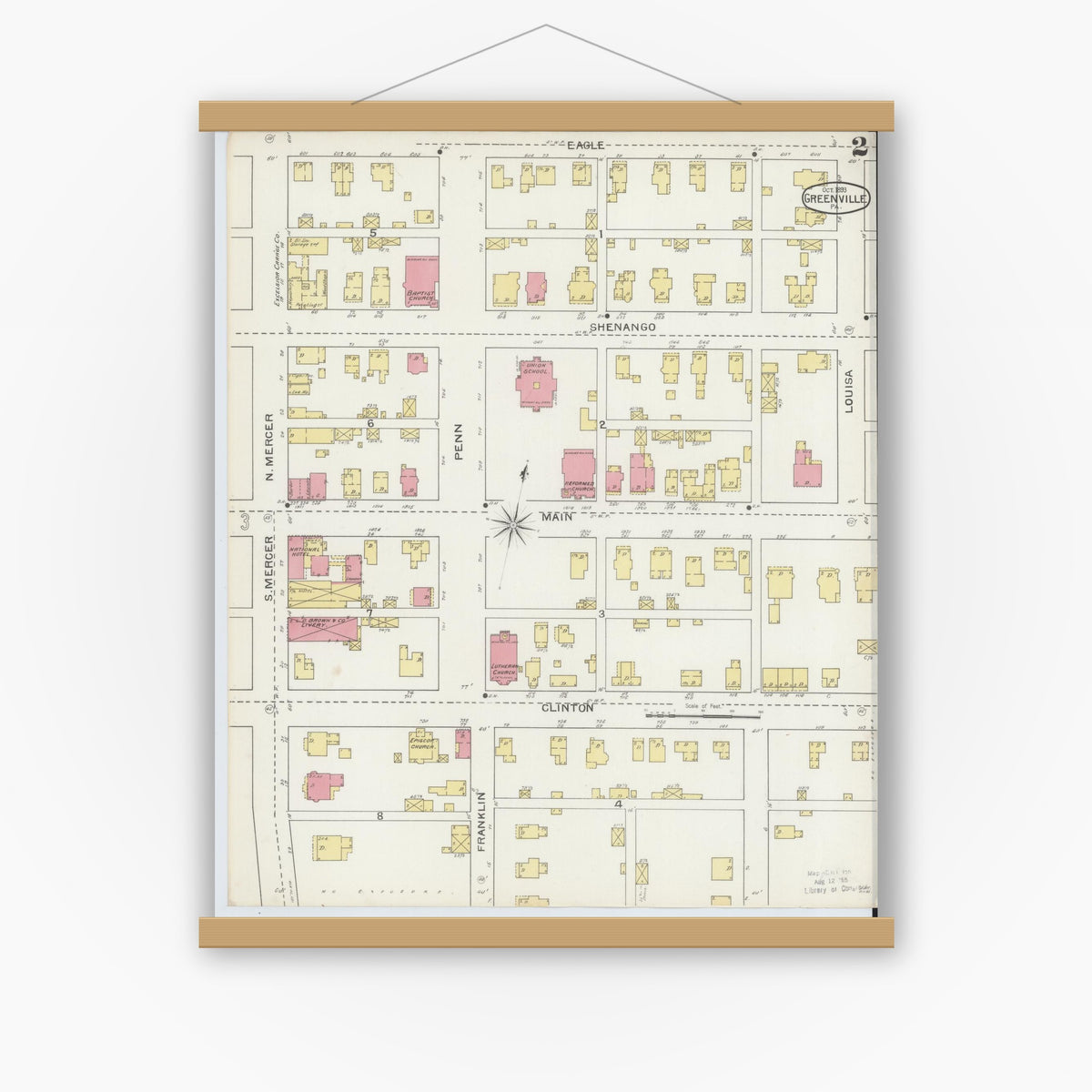 Old map wall art mockup — magnetic wood frame on white wall — Sanborn Fire Insurance Map from Greenville, Mercer County, Pennsylvania (1893), Sheet #0002