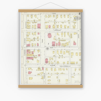 Old map wall art mockup — magnetic wood frame on white wall — Sanborn Fire Insurance Map from Greenville, Mercer County, Pennsylvania (1893), Sheet #0002