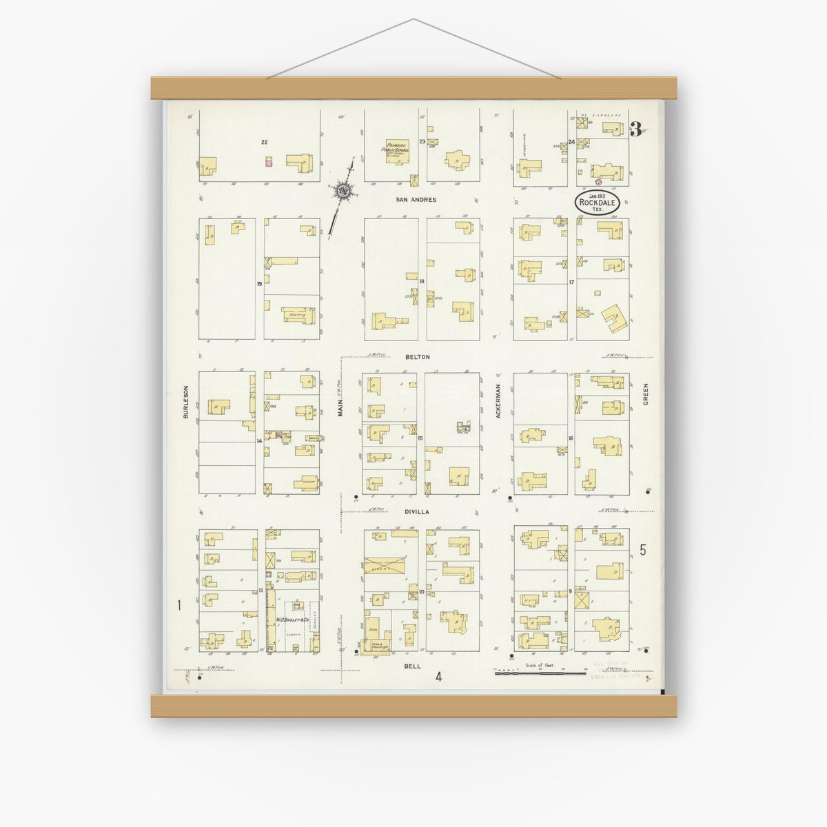Old map wall art mockup — magnetic wood frame on white wall — Sanborn Fire Insurance Map from Rockdale, Milam County, Texas (1912), Sheet #0003
